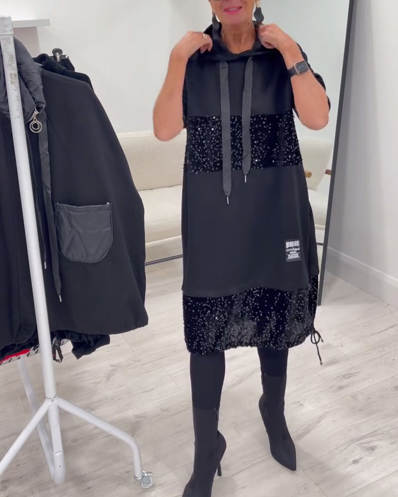 Hooded Drawstring Sequin Patchwork Panel Pocket Sweatshirt Midi Dress