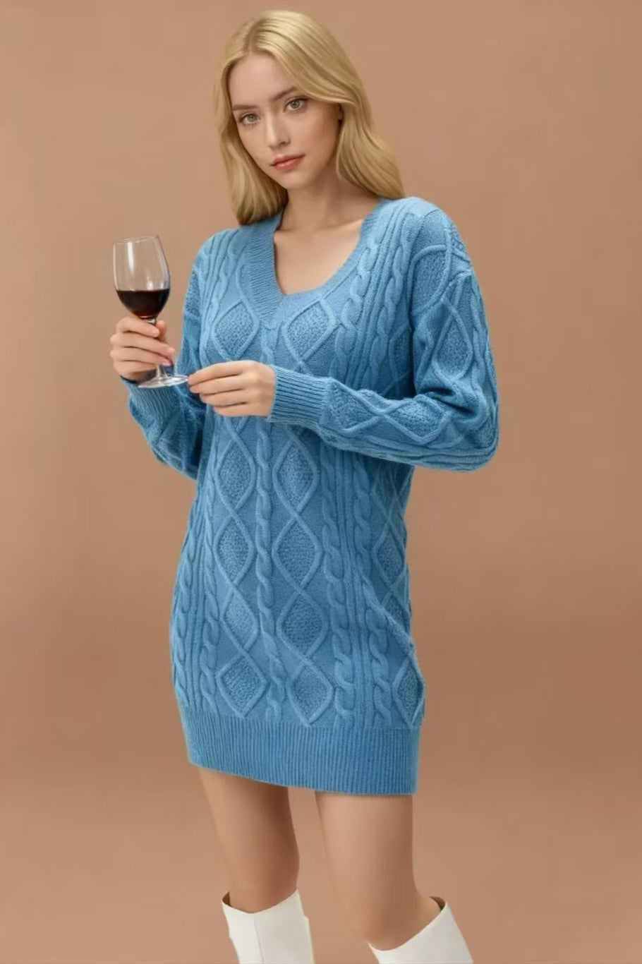 V-Neck Cable Knit Sweater Dress