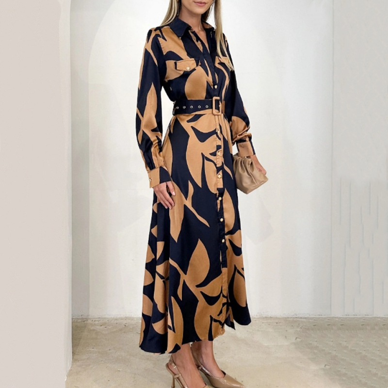Collared Button Front Long Sleeve Leaf Print Belted Shirt Maxi Dress