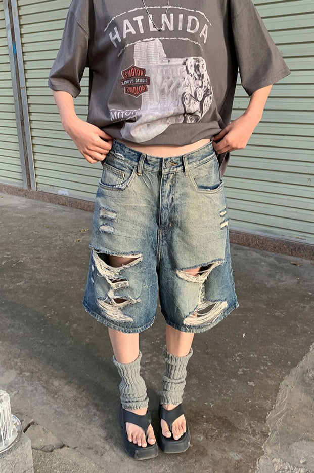 Distressed Frayed Hem Mid Length Denim Shorts