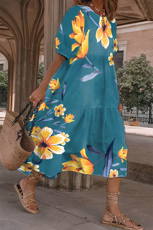 Round Neck Tropical Floral Short Sleeve Tiered A-Line Midi Dress 3
