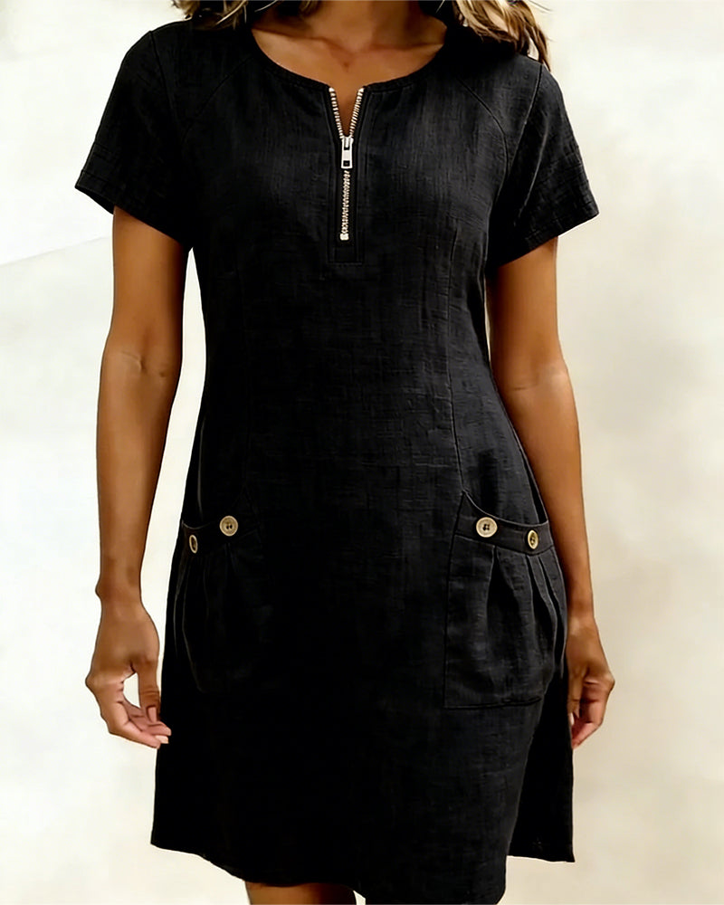 Round Neck Zip Front Short Sleeve Pocket Shift Mini Dress 8