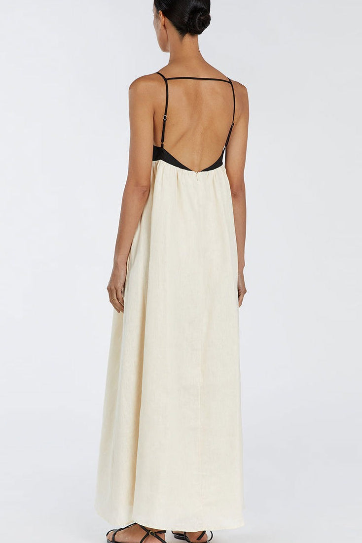 Beige Spaghetti Strap Square Neck Empire Waist Gathered Patchwork Maxi Dress 2
