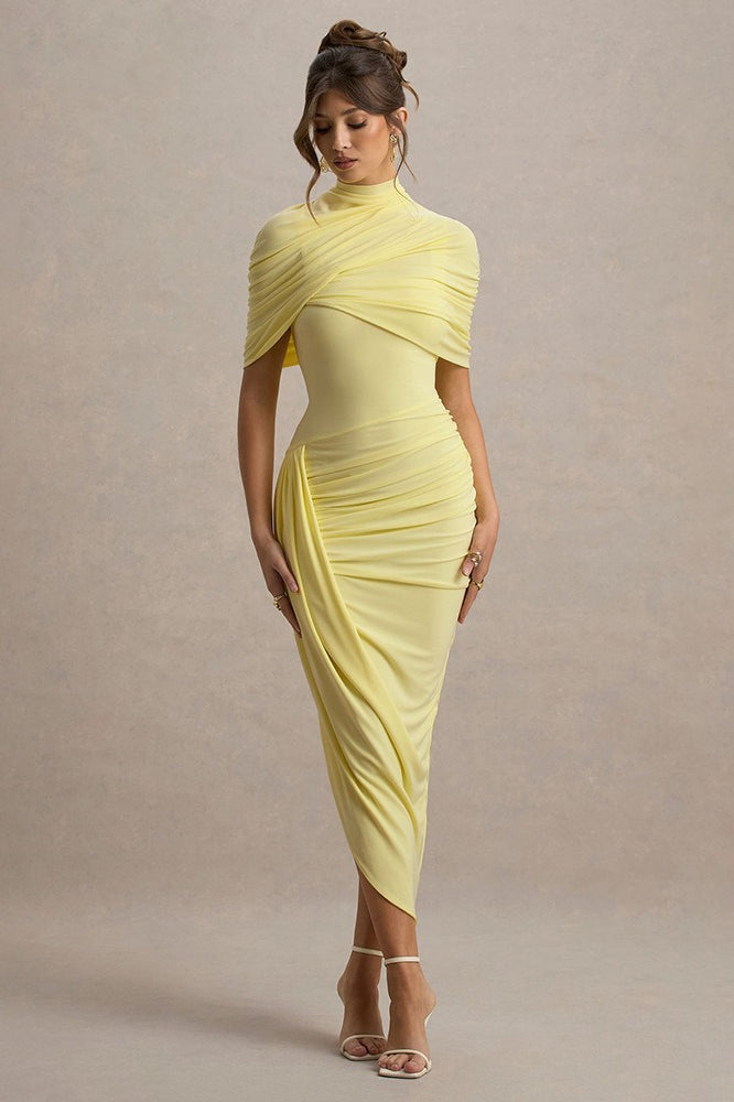 Solid Ruched Bodycon Cape Party Dress