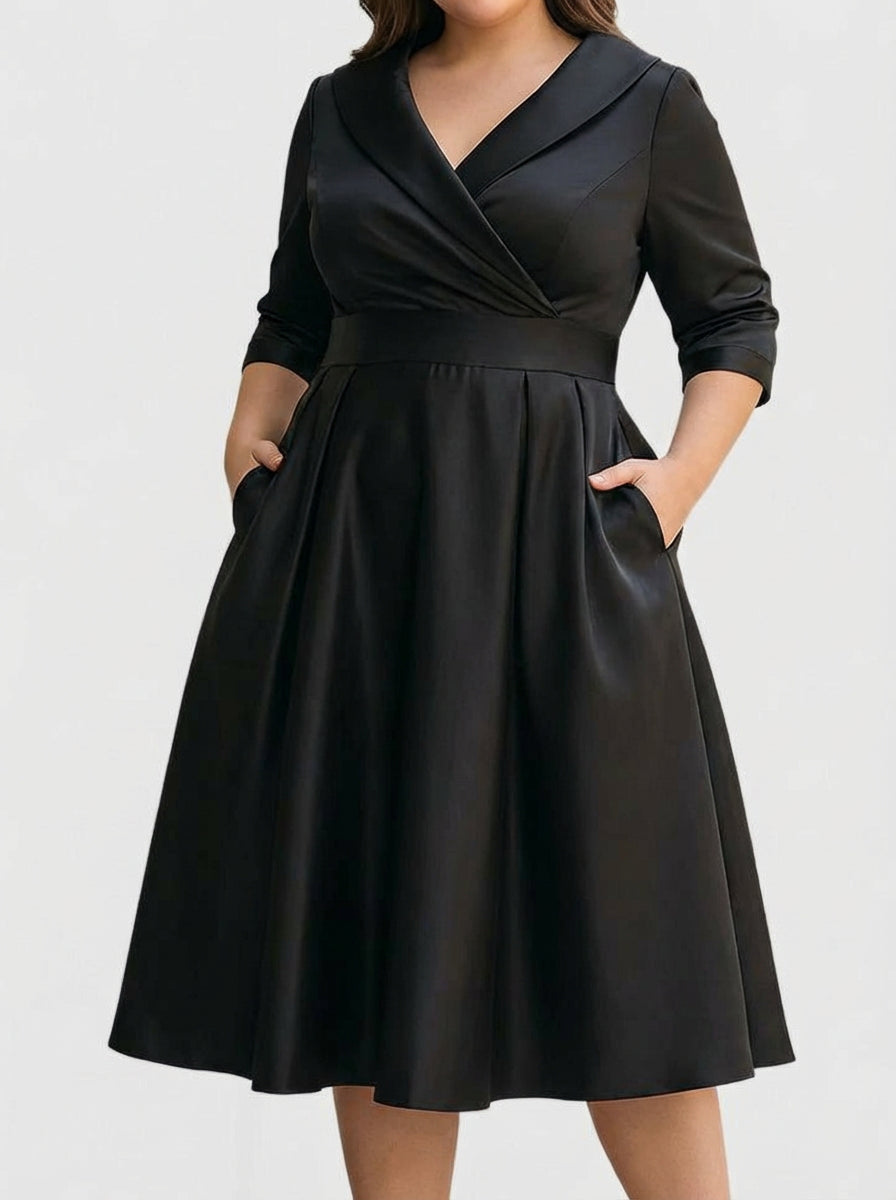 Shawl Collar Wrap Half Sleeve Satin Pleated A-Line Midi Dress 5