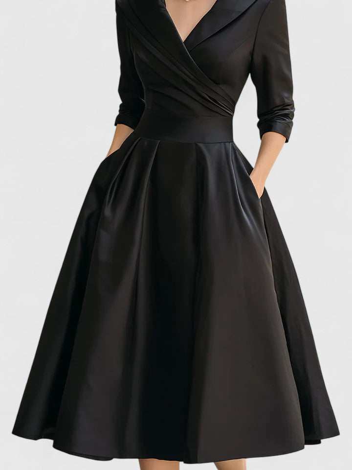 Shawl Collar Wrap Ruched Satin Long Sleeve A-Line Midi Dress
