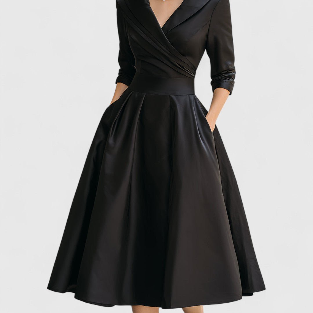 Shawl Collar Surplice V-Neck Satin Pleated A-Line Midi Dress