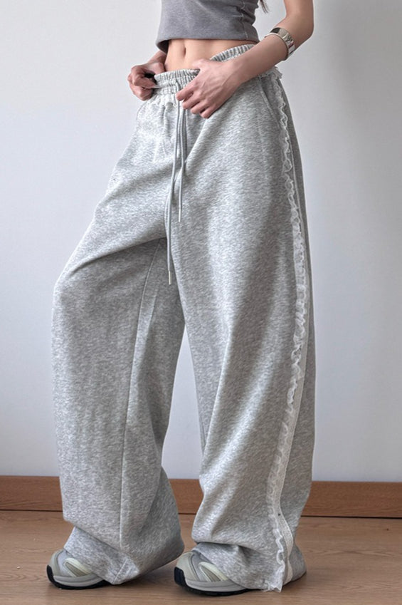 Lace Trim Wide Leg High Waist Pants