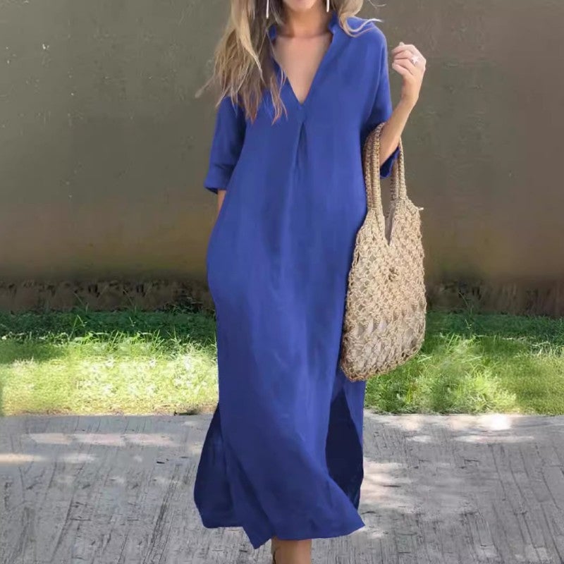 V-Neck Half Sleeve Linen Side-Slit Oversized Shift Maxi Dress 6