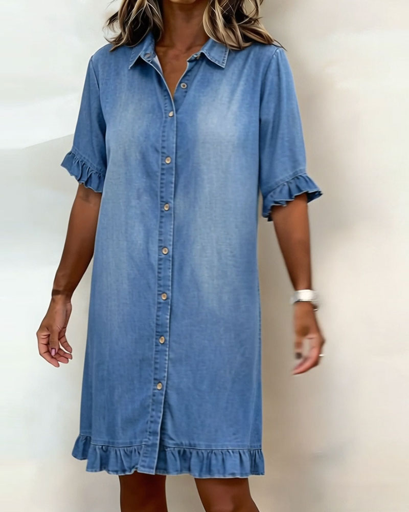 Collared Ruffle Cuff Ruffle Hem Denim Shirt Dress 4