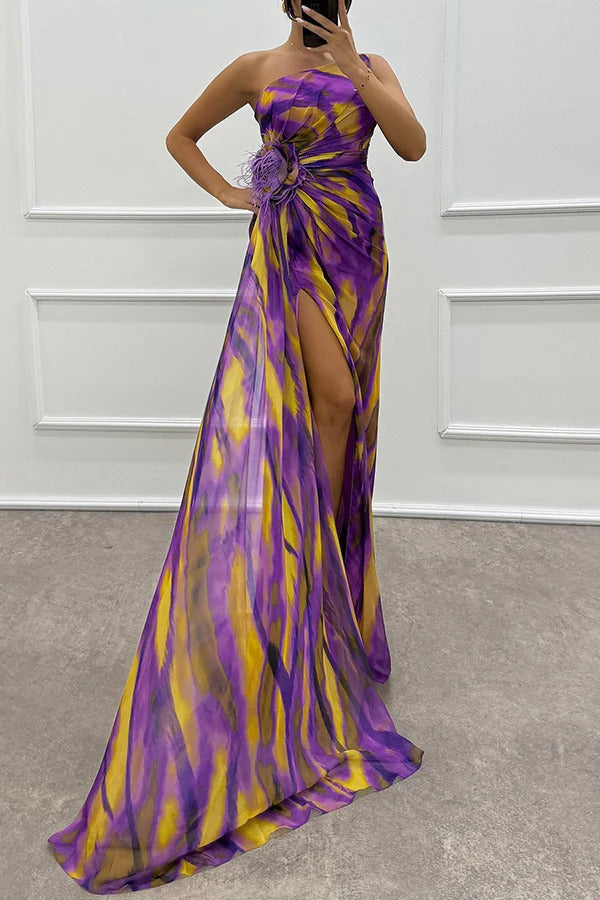 One-Shoulder Feather Trim Printed Ruched High Slit Maxi Gown