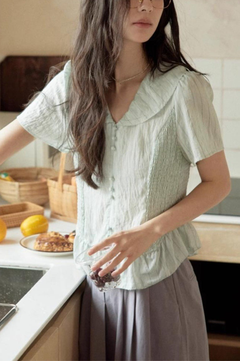 Linen Stripe V Neck Tie Waist Blouse