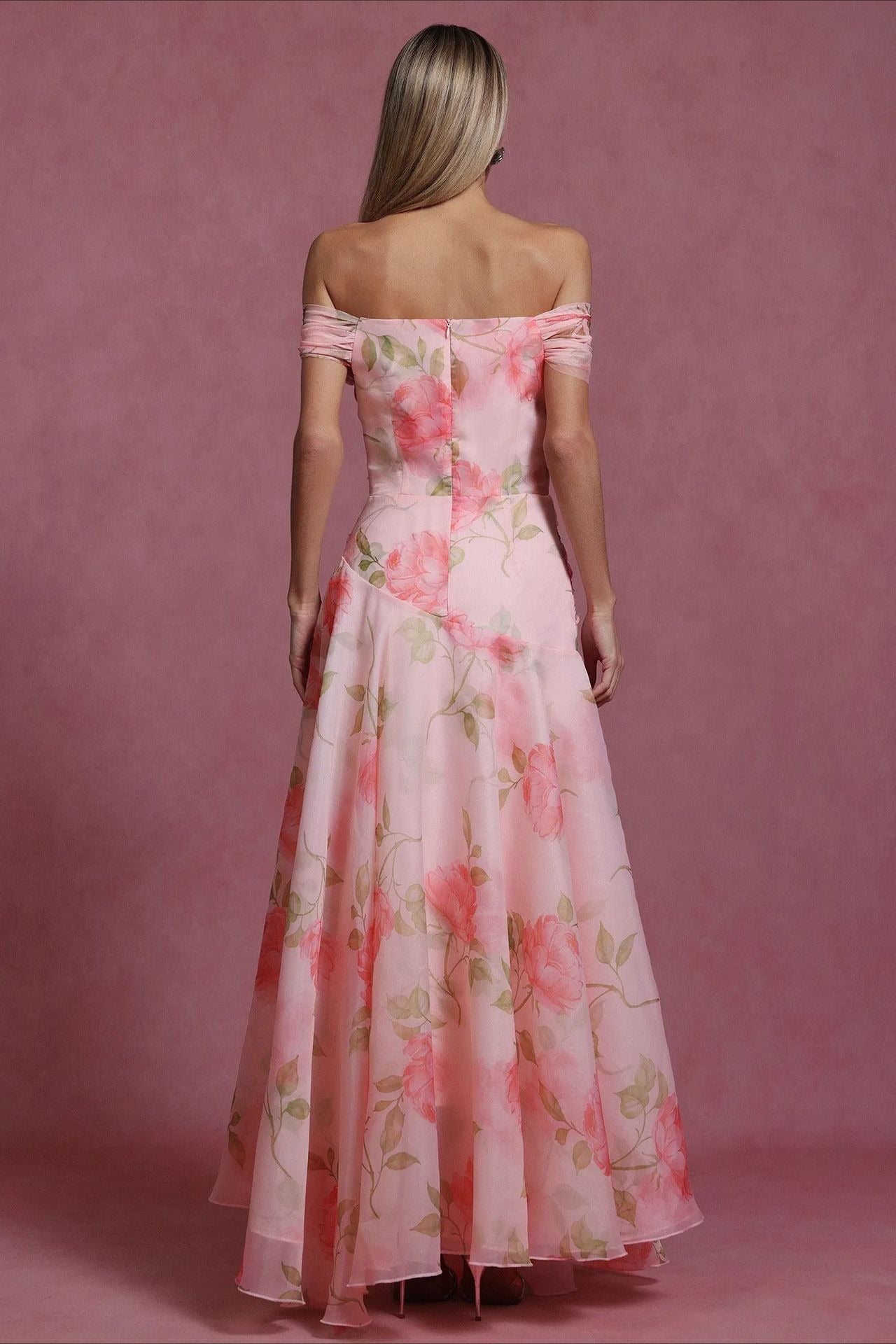 Pink Off Shoulder Sweetheart 3D Applique Floral Print A-Line Maxi Dress 5