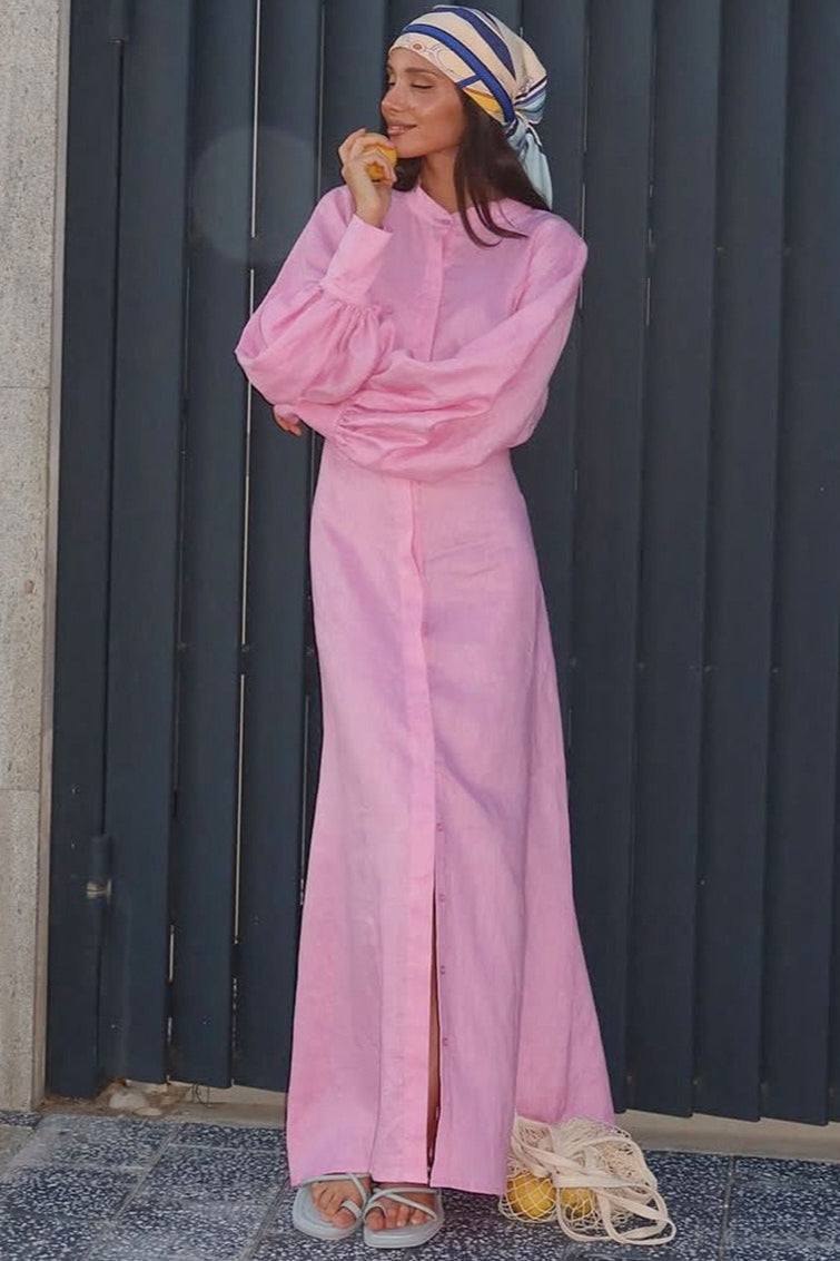 Puff Sleeve Cotton Linen Maxi Dress