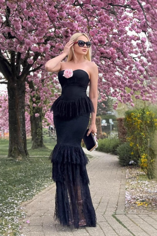 Black Lace Flower Halter Sheath Club Dress