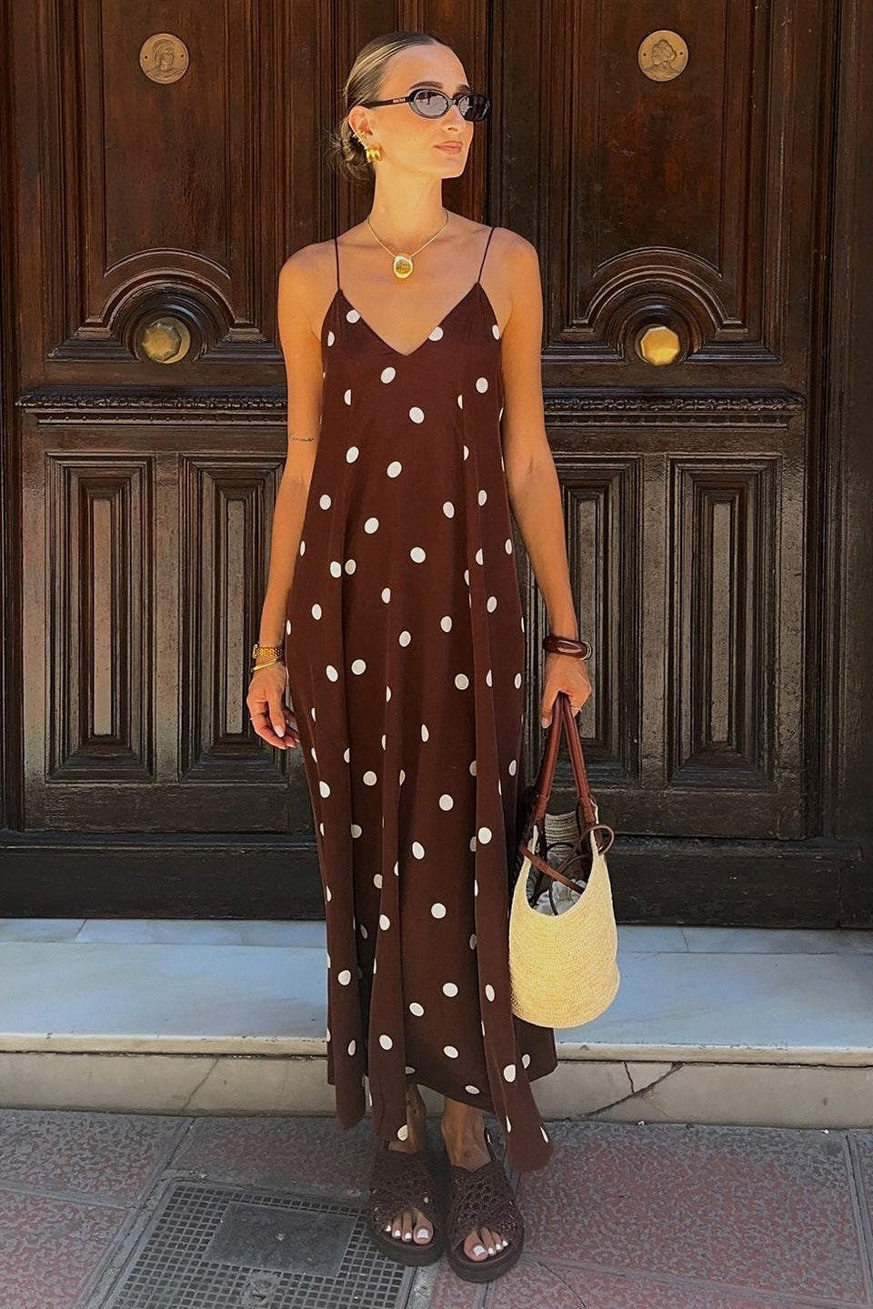 Polka Dot V Neck Open Back Loose Maxi Slip Dress