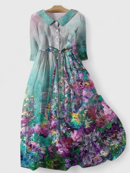 Ocean Green Collared Button Front Half Sleeve Floral Print Drawstring Waist Midi Dress
