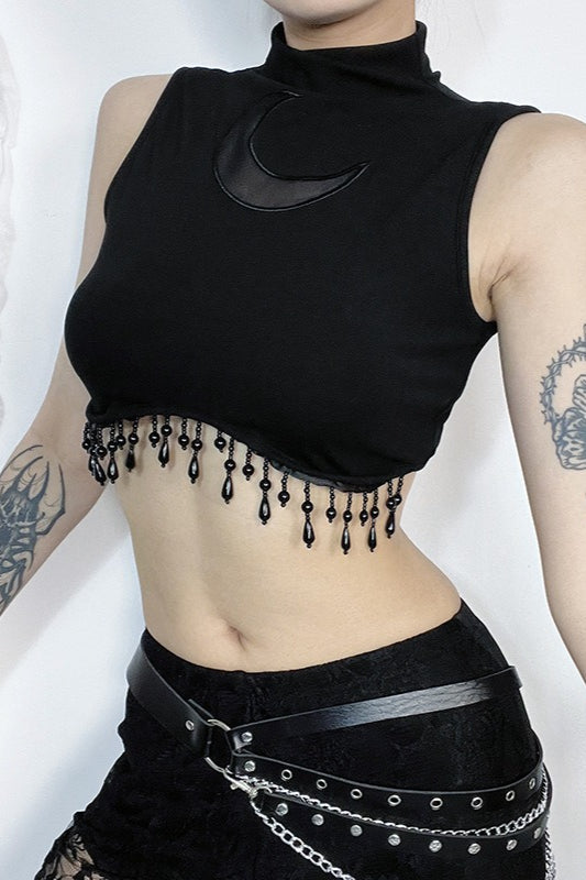 High Neck Sleeveless Moon Cutout Fringe Crop Top