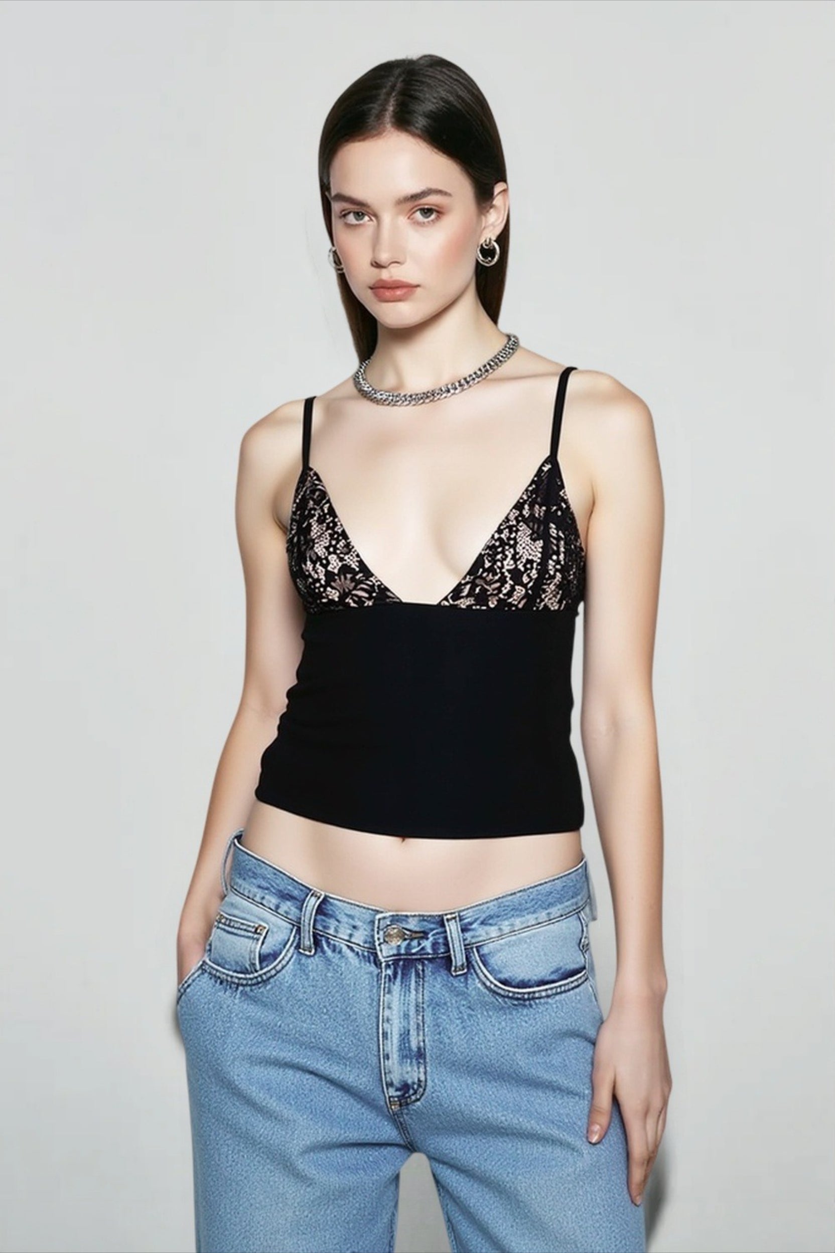 Lace mesh deep v cami top