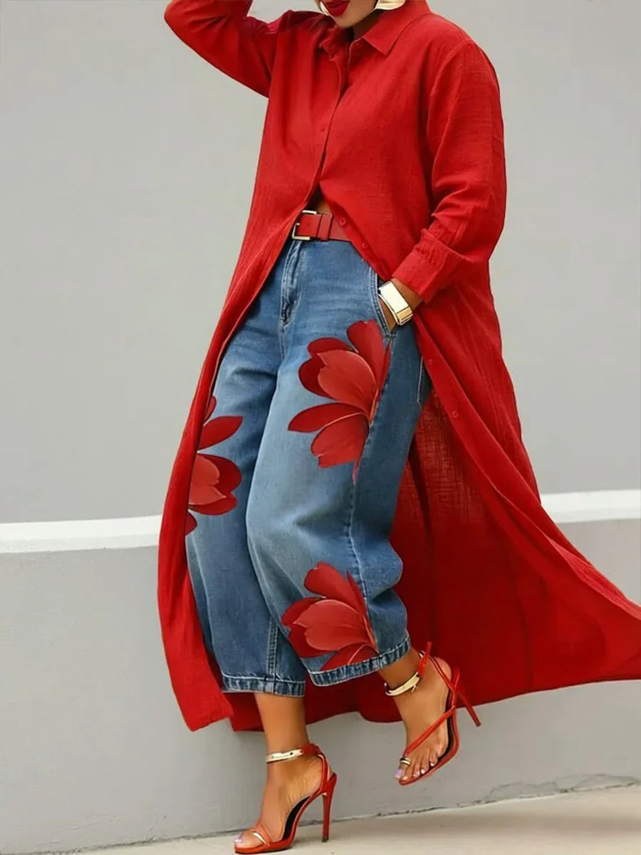 Collared Button Front Longline Shirt and Floral Jeans Set