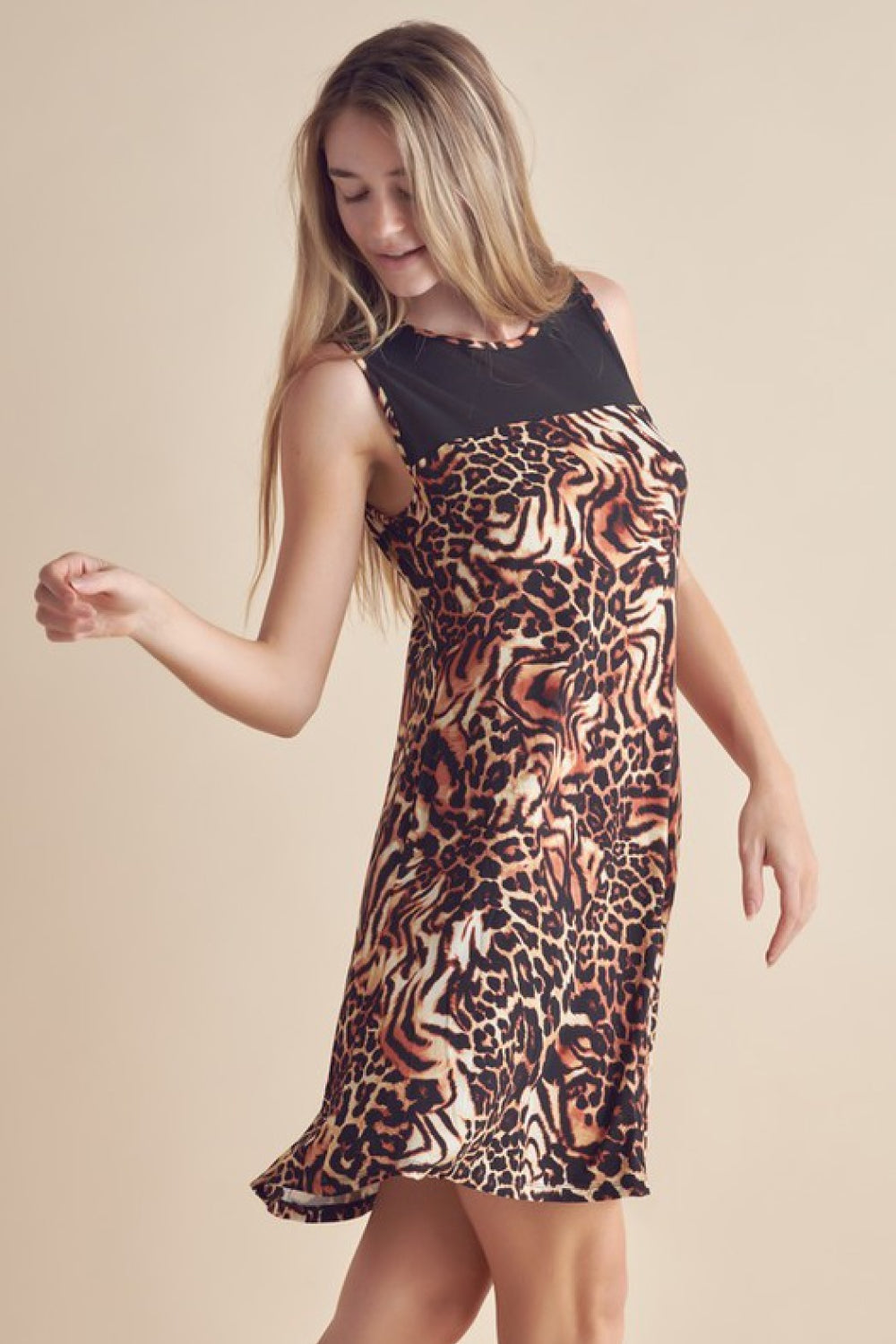 Black Round Neck Sleeveless Leopard Print Contrast Yoke A-Line Mini Dress