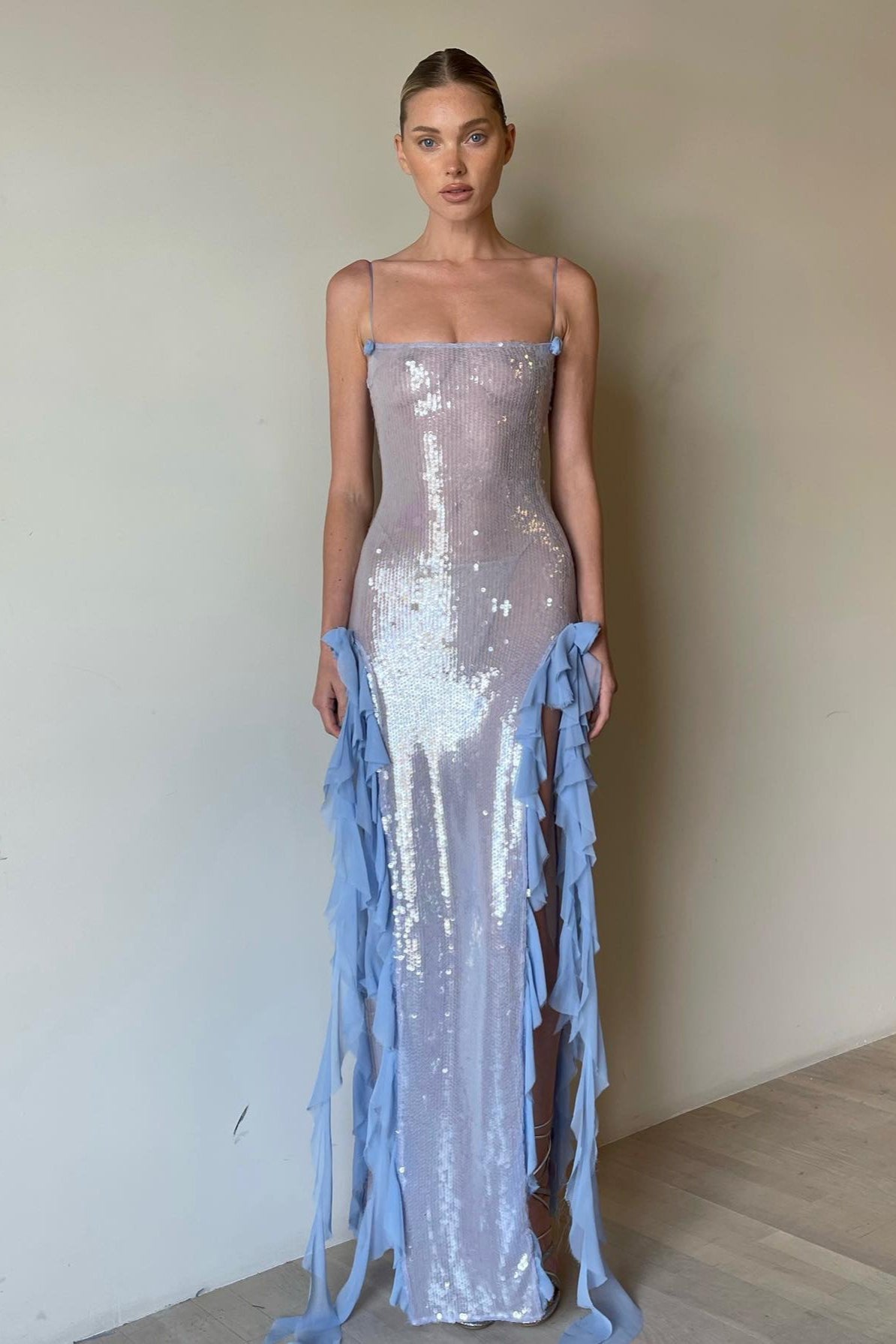 Sheer Sequin Ruffle 3D Floral Fringe Slip Dress