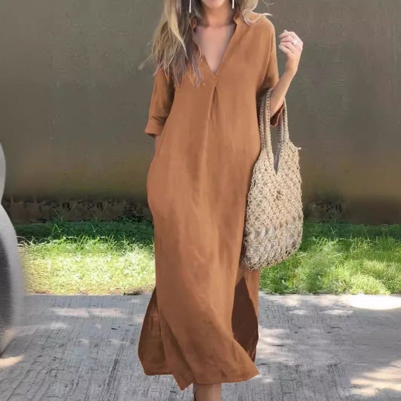 V-Neck Half Sleeve Linen Side-Slit Oversized Shift Maxi Dress 5