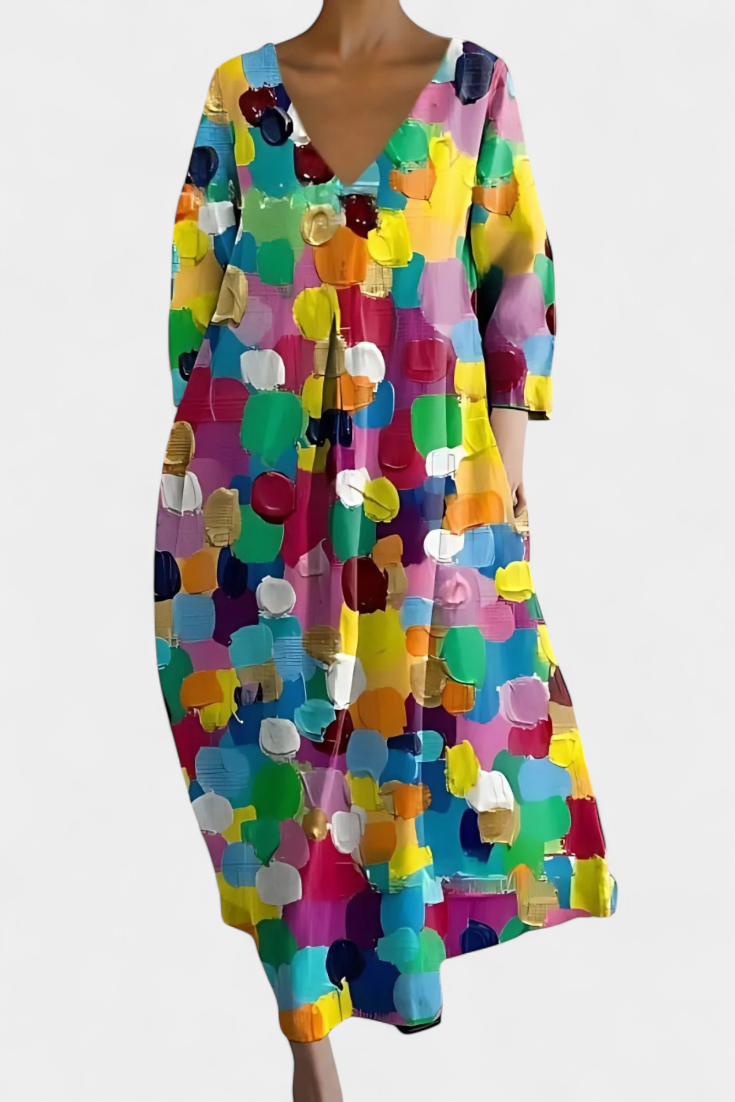 V-Neck Abstract Watercolor Print Pleated Pocket Cocoon Midi Dress 5