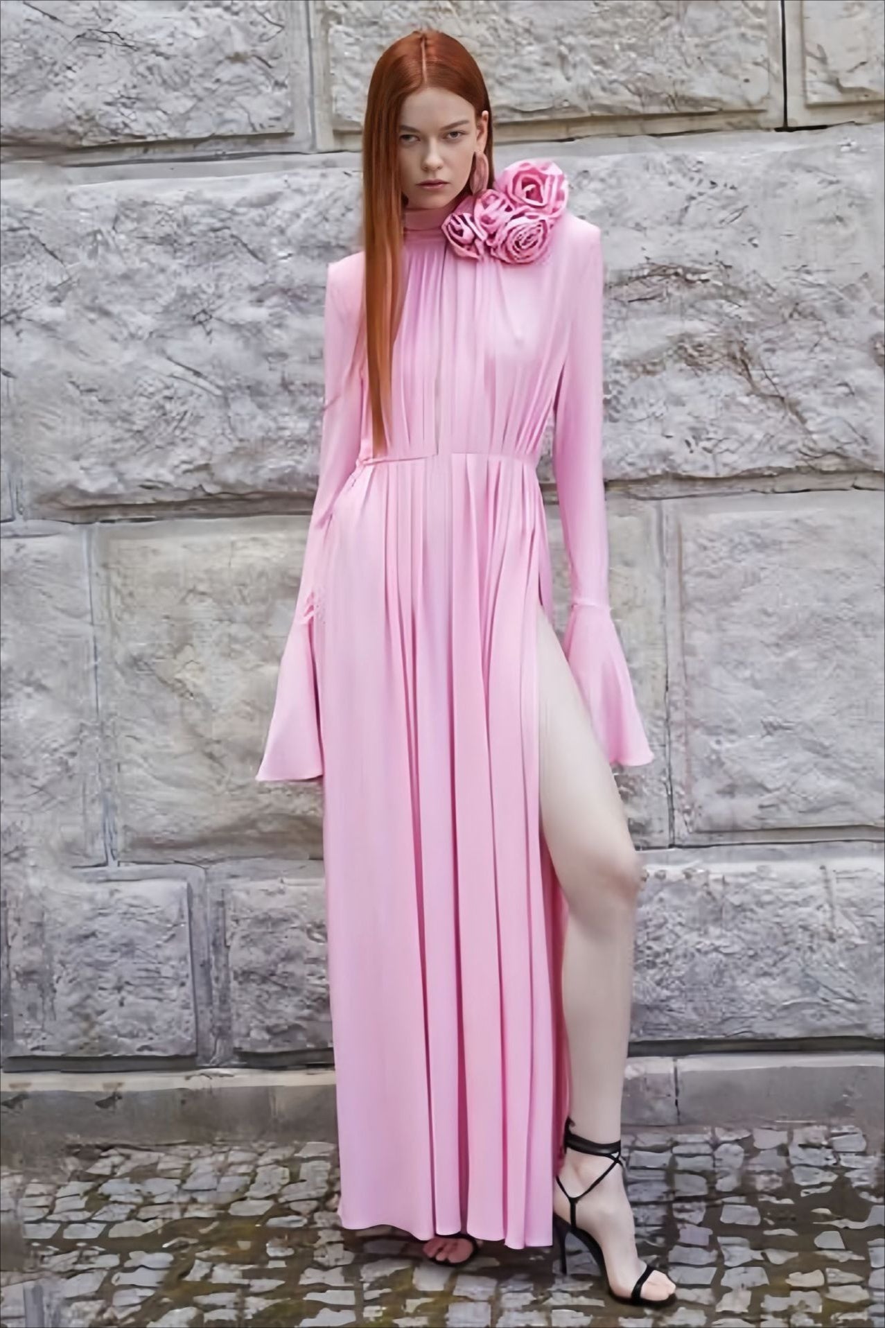 Elegant Retro Cutout Deep V Halter Ruched 3D Floral Party Dress