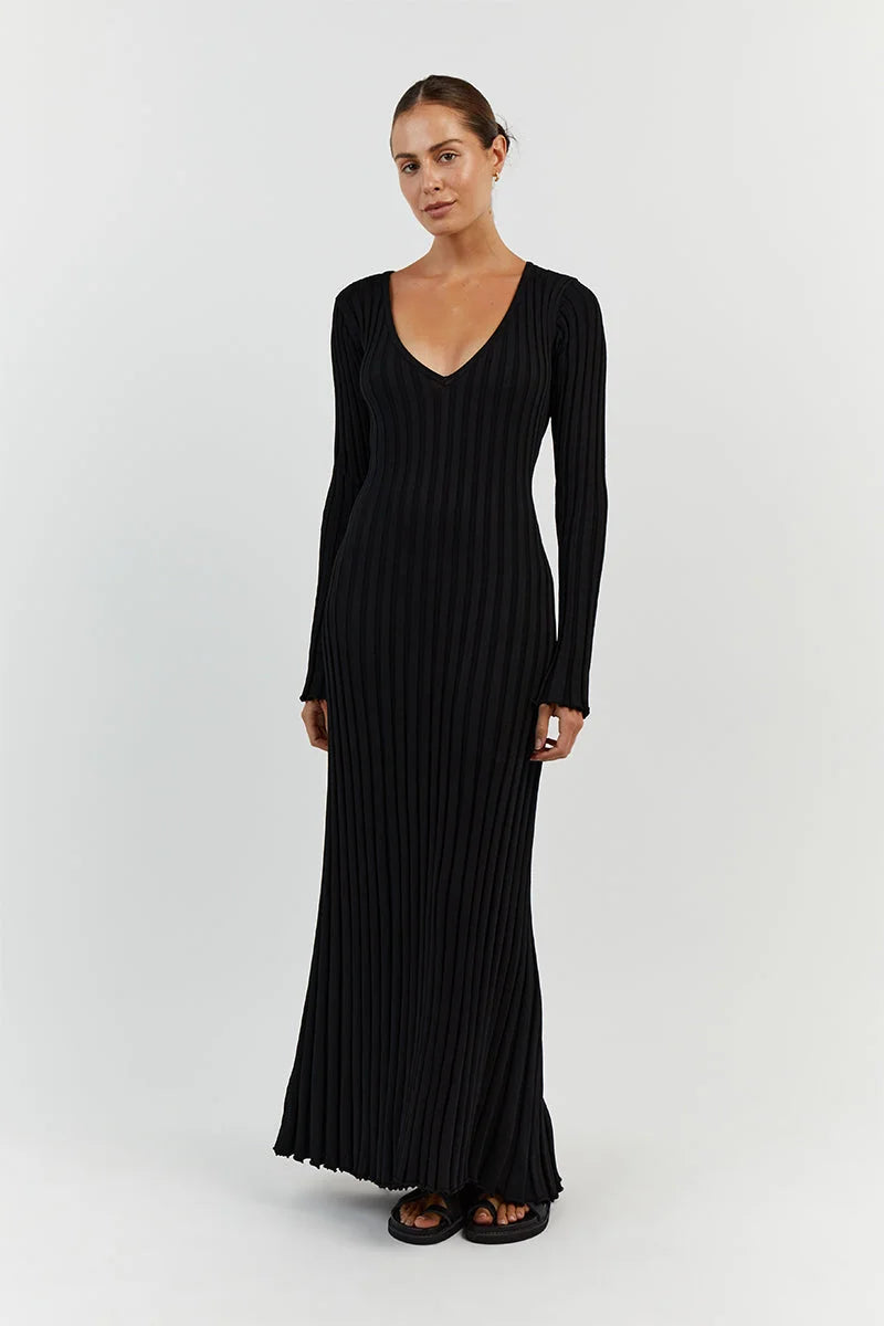 Verónica Minimalist Midi Dress with V Neck and Knitted Sleeves Elevated Occasion Wear