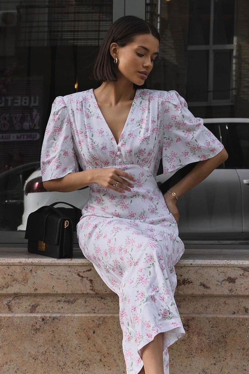 White Deep V Neck Puff Sleeve Empire Waist Button Detail Ditsy Floral Midi Dress 5