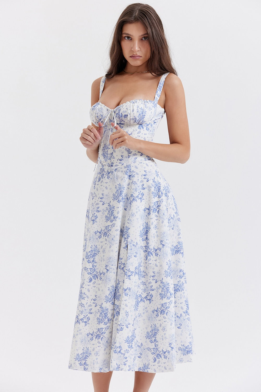 Wide Strap Sweetheart Ruched Bust Toile Floral Print A-Line Midi Dress 3