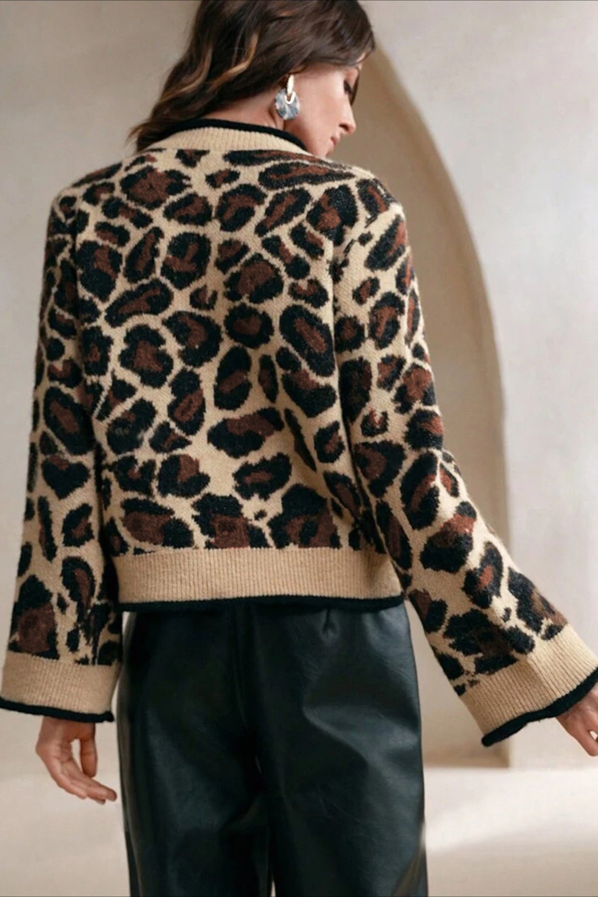 Leopard Print Loose Slouchy Drawstring Knit Cardigan