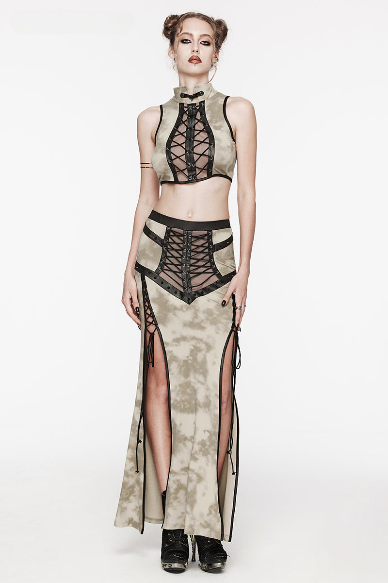 Women's Daily Sexy Seethrough Mesh Drawstring Rope Slit Gothic Personalized Long Skirt