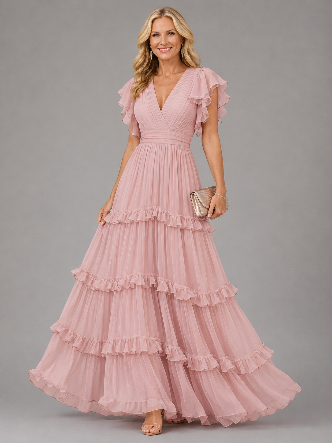 Light Pink V-Neck Flutter Sleeve Pleated Tiered Ruffle Chiffon Maxi Gown