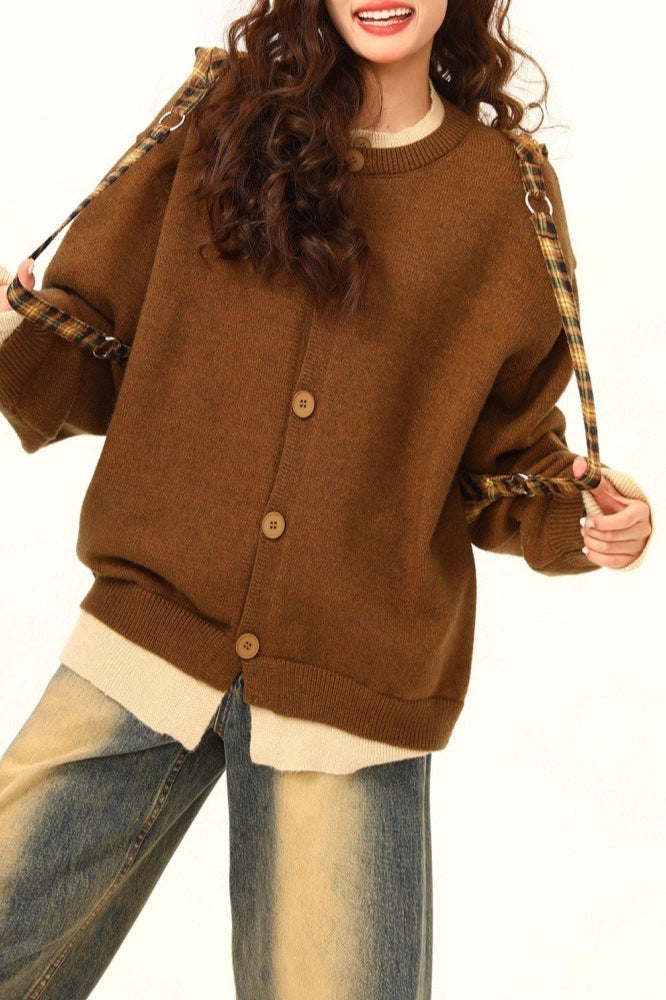 American Retro Fake Two-Piece Solid Cardigan