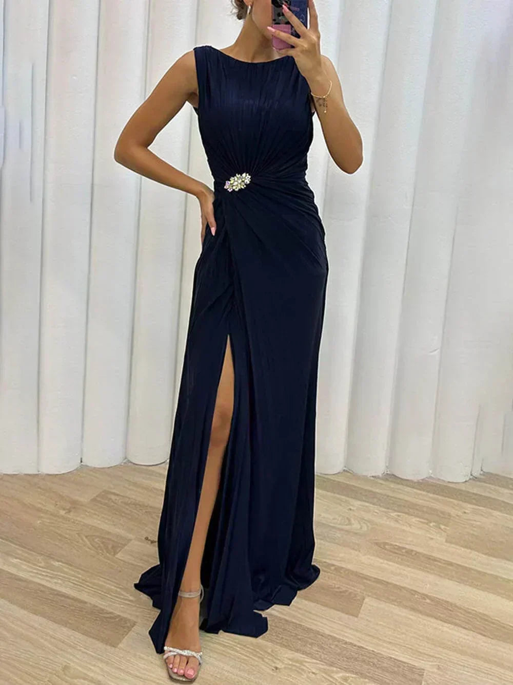 Boat Neck Sleeveless Pleated Rhinestone Ruched High Slit Maxi Gown