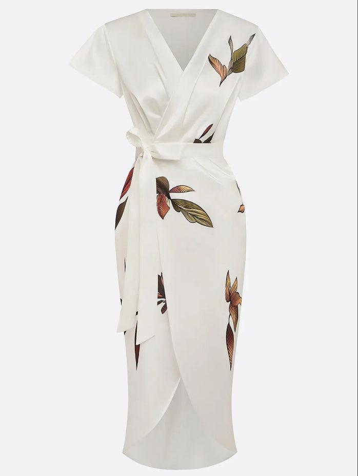 V-Neck Leaf Print Short Sleeve Tie Waist Wrap Midi Dress 4