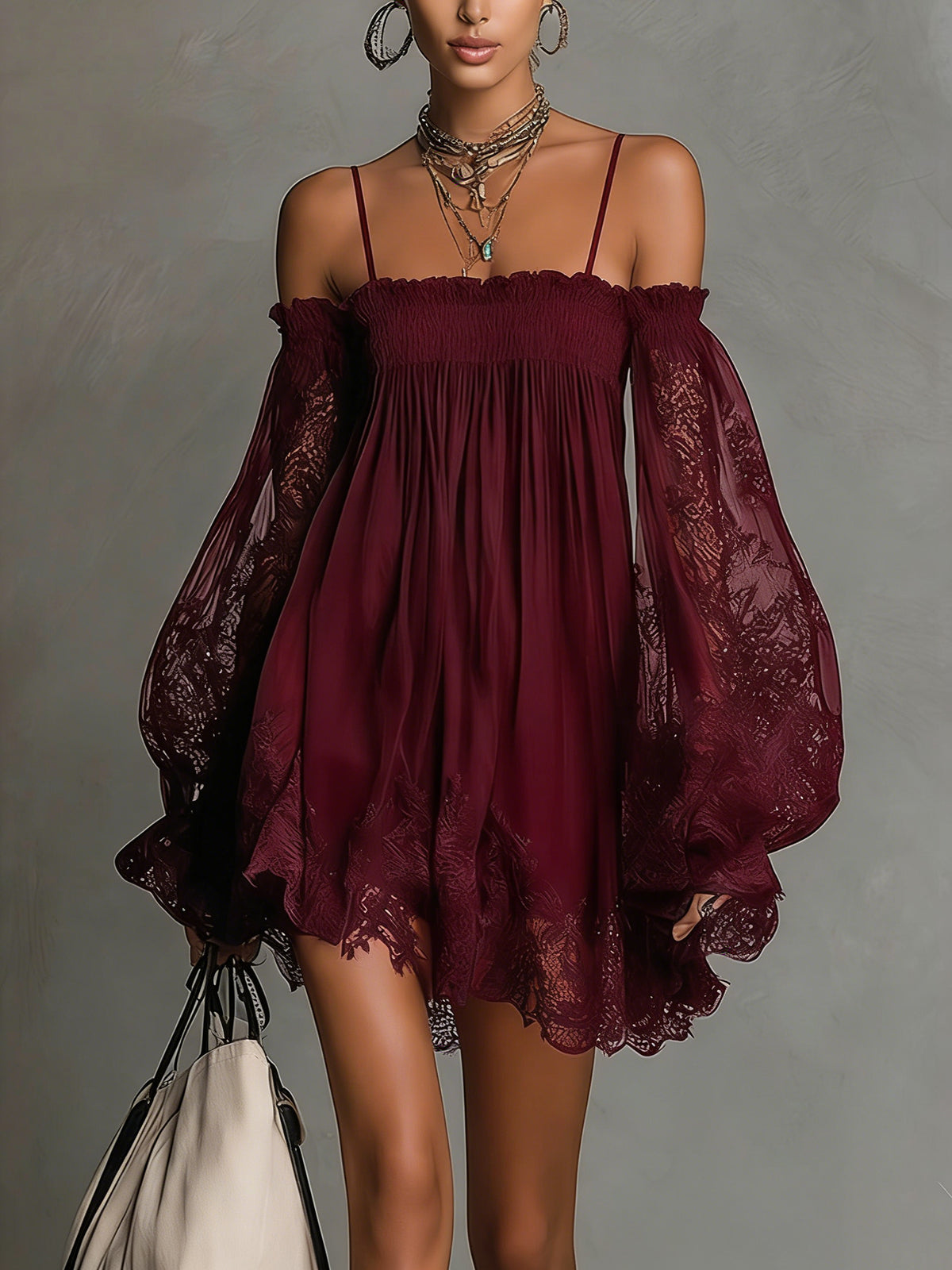 Navy Blue Off-Shoulder Smocked Lace Trim Sheer Sleeve Babydoll Mini Dress 3