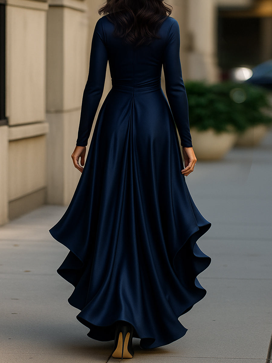 V-Neck Wrap Satin Long Sleeve Ruffle Draped Maxi Dress 4