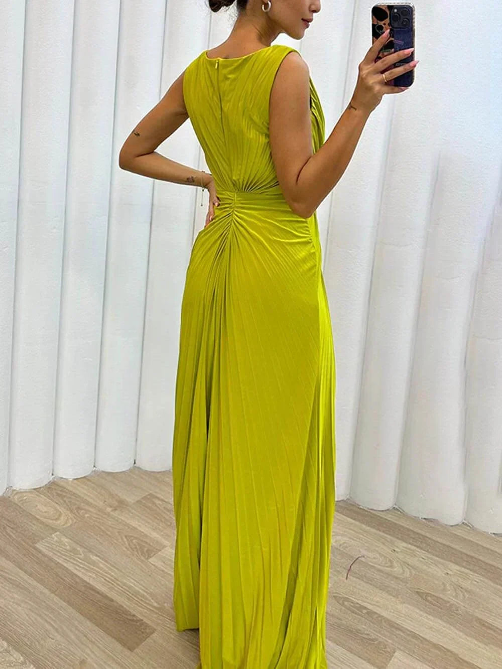 Boat Neck Sleeveless Pleated Rhinestone Ruched High Slit Maxi Gown