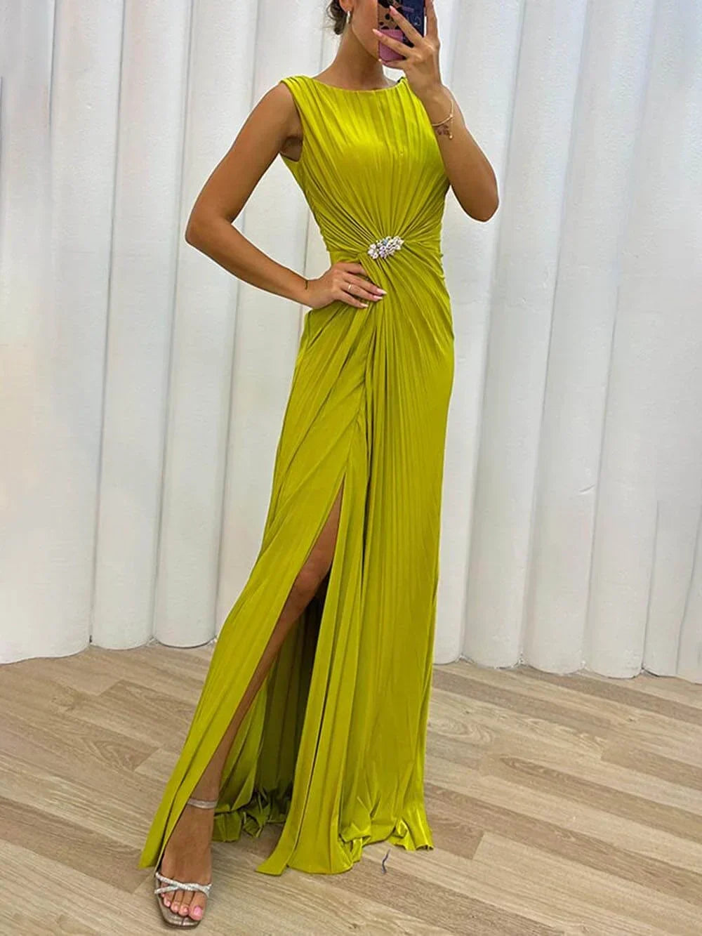 Round Neck Sleeveless Embellished Ruched High Slit Pleated Gown