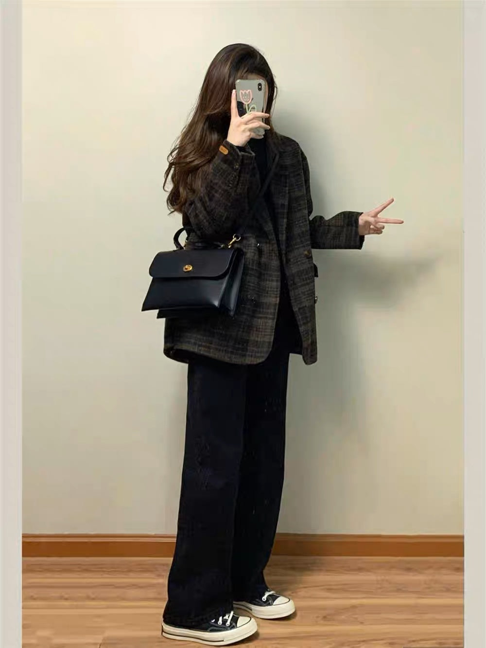 Wool-blend Gingham Loose Coat