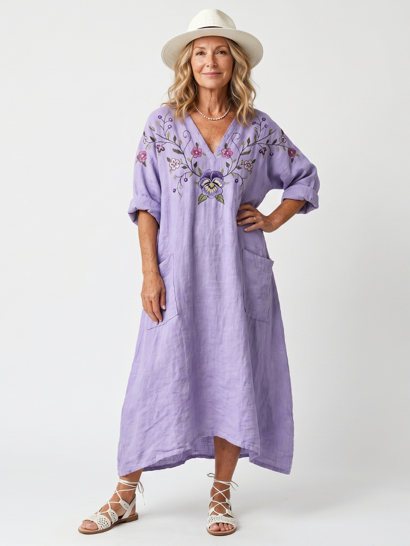 Purple V-Neck Floral Embroidery Long Sleeve Linen Pocket Midi Dress