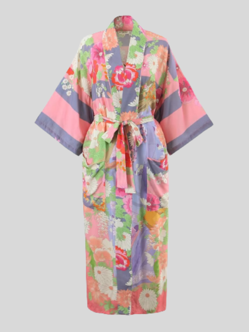 Mixed Floral Print Belted Bell Sleeve Long Kimono Robe