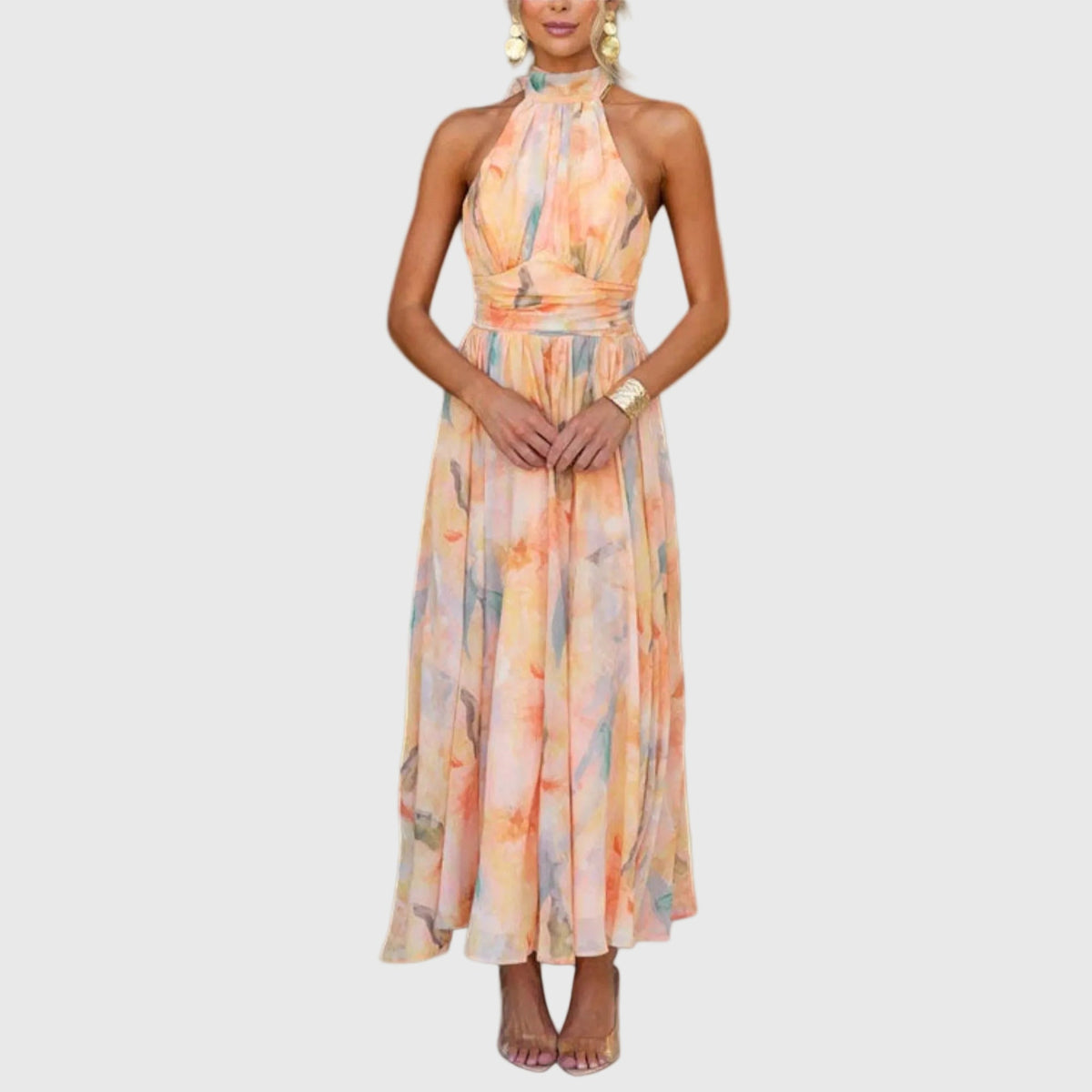Reddish Orange Halter Neck Watercolor Floral Ruched Waist Flowy Maxi Dress