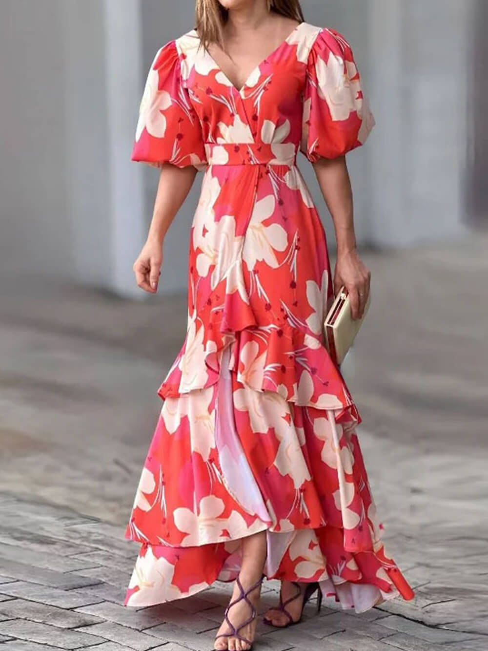 Elegant V Neck Printed Layered Dress