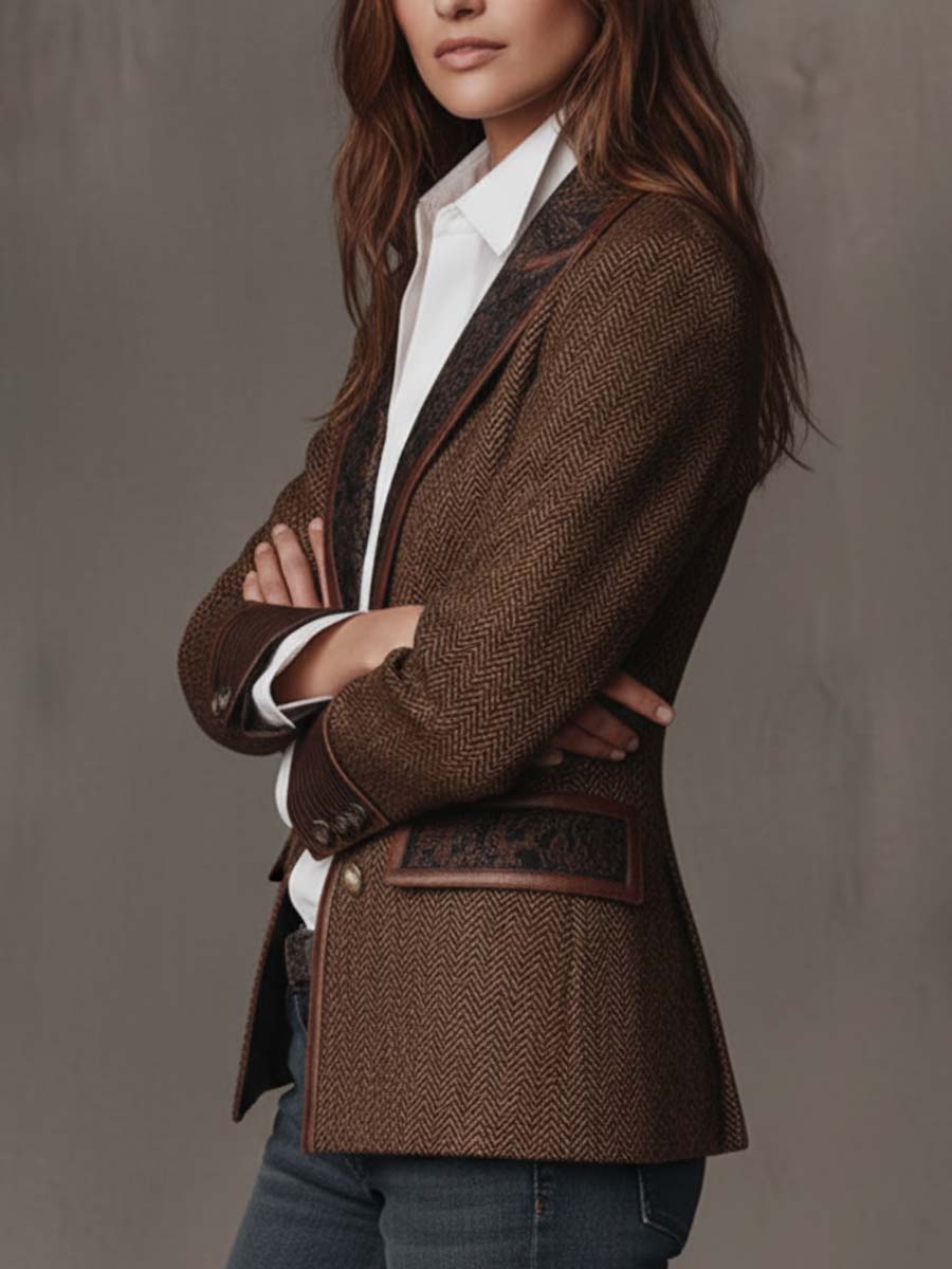 Brown Peak Lapel Herringbone Tweed Paisley Panel Leather Trim Blazer 3