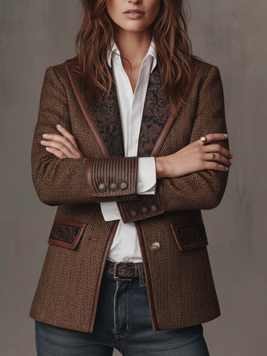 Brown Peak Lapel Herringbone Tweed Paisley Panel Leather Trim Blazer 2