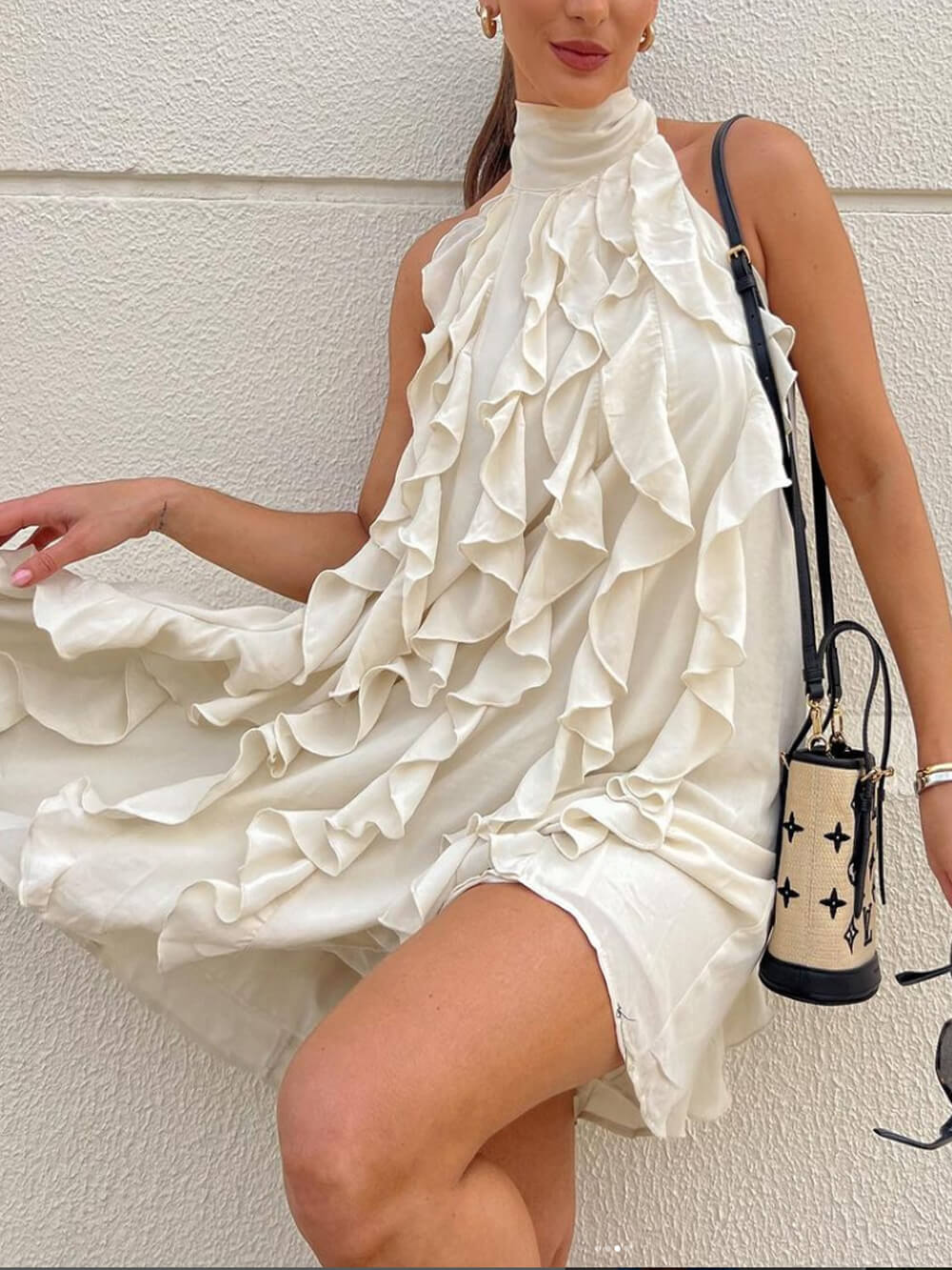 High Neck Cascade Ruffle Satin Sleeveless Swing Mini Dress